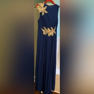 Elegant Blue Long Sleeve Dress with Gold Accents